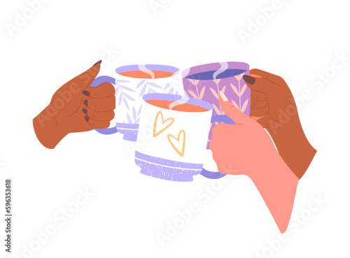 Cheers with coffee or tea. Characters holding mugs with hot mugs or cups. Comfort and coziness, party and event, celebration and festival. Cartoon flat vector illustration