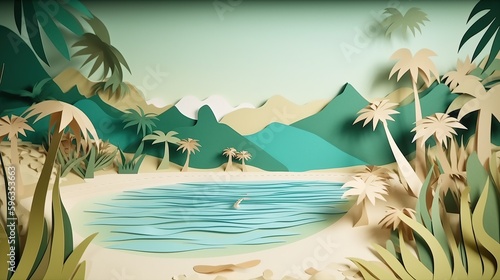 Paper art of a beach with palm trees and mountains in the background  generative AI