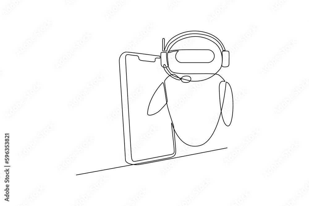 Fototapeta premium Single one line drawing chat with the robot. Smartphone and laptop. Chatbot concept. Continuous line draw design graphic vector illustration.