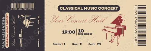 Classical or Jazz Music Concert ticket template with barcode. Piano and music notes graphic design elements. Vector.
