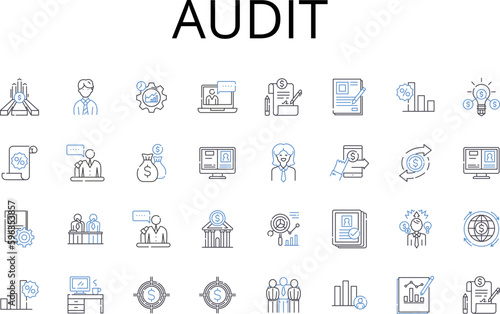 Audit line icons collection. Checkup, Verification, Inspection, Scrutiny, Examination, Review, Assessment vector and linear illustration. Appraisal,Analysis,Survey outline signs set Generative AI
