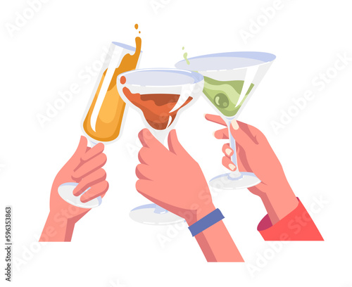Cheers with cocktails. Characters in glass glasses with alcoholic drinks, juice or soda, cold drink. Symbol of summer season, tropical and exotic countries. Cartoon flat vector illustration