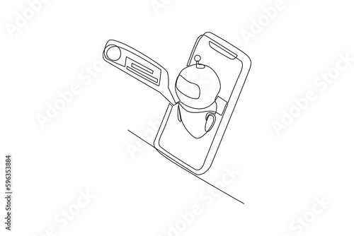Single one line drawing chat with the robot. Smartphone and laptop. Chatbot concept. Continuous line draw design graphic vector illustration.