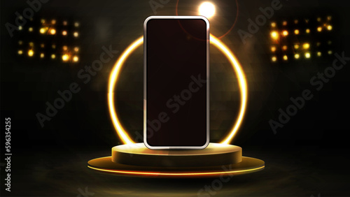 Smartphone on realistic empty gold podium floating in the air with gold neon ring on background and spotlights