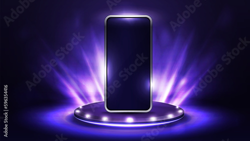 Smartphone on violet podium for product presentation with spotlights, 3d realistic vector illustration.