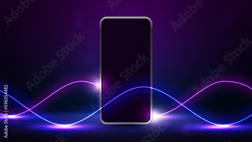 Smartphone on floor in empty scene with neon wave line lasers