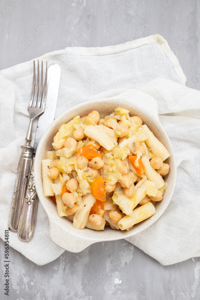 Cooked chick peas with cabbage, carrot in bowl Cooked chick peas with cabbage, carrot in bowl