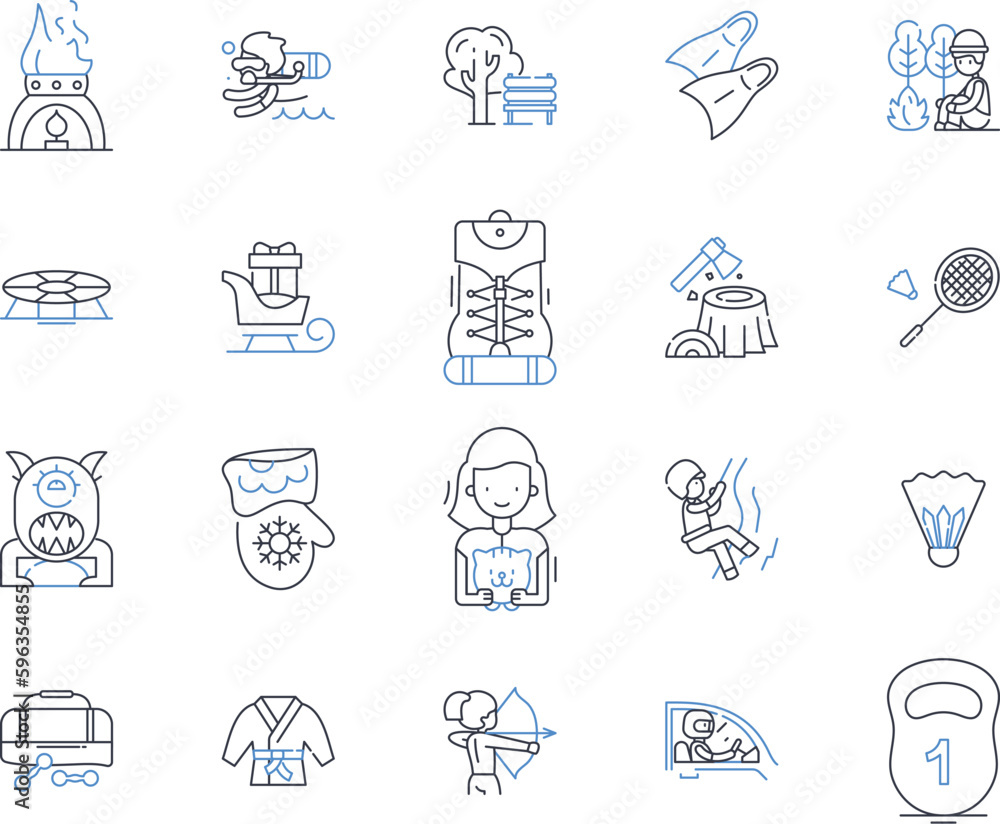 Time off and sporty activities line icons collection. Adventure, Outdoors, Fitness, Relaxation, Vacation, Hiking, Camping vector and linear illustration. Beach,Cycling,Surfing outline Generative AI