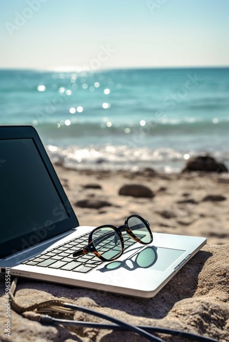 Laptop on the beach with sea at background. AI generative