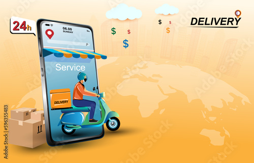 delivery man drive motorcycle on map have the GPS address . 
food delivery service send meal to customer. 
fast man keep time and speed send food. Online app shipping product on the time.