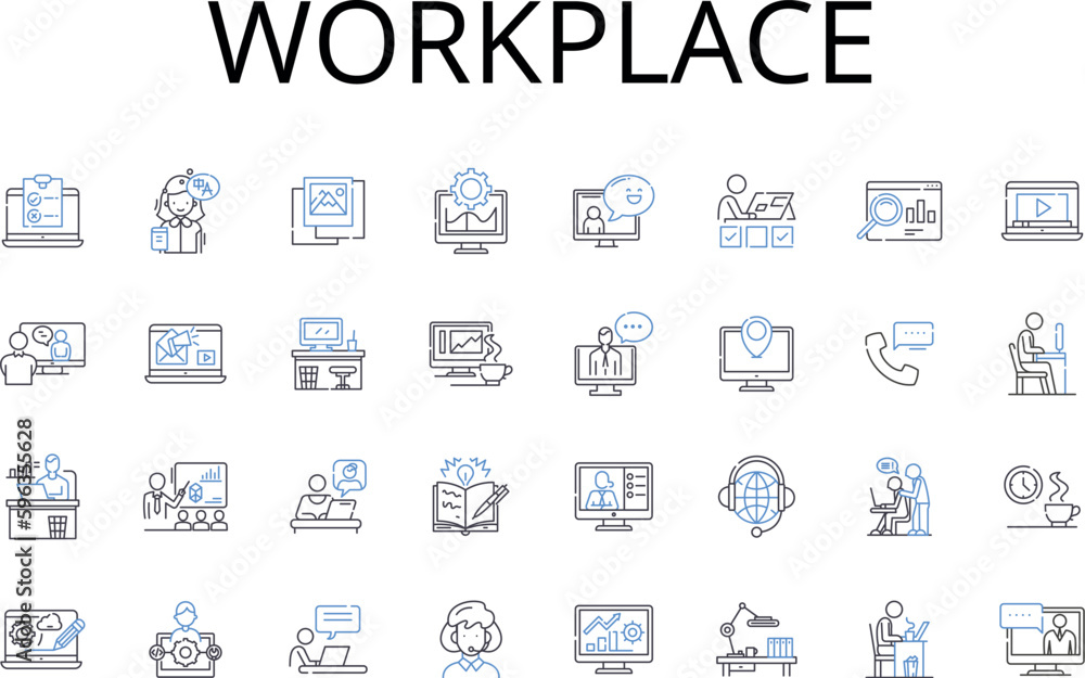 Workplace line icons collection. Office Space, Job Site, Occupation Area, Business Center, Work Locale, Employment Z, Career Hub vector and linear illustration. Professional Realm,Labor Generative AI