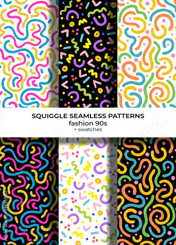 90s style squiggle doodle seamless patterns set
