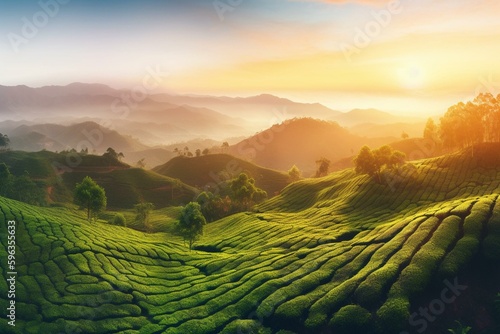 Digital art depicting Sri Lanka's tea plantation at sunrise with a panoramic view. Generative AI