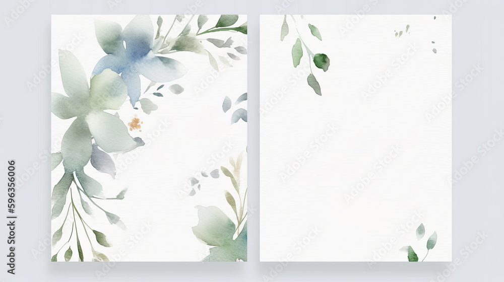 Wedding floral invitation card save the date design with flowers and green leaf. Watercolor background on white  AI generative