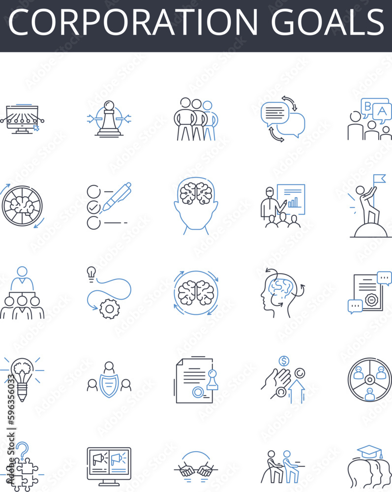 Corporation goals line icons collection. Business objectives, Company aspirations, Enterprise targets, Organization missions, Firm initiatives, Establishment goals, Company aims vector Generative AI