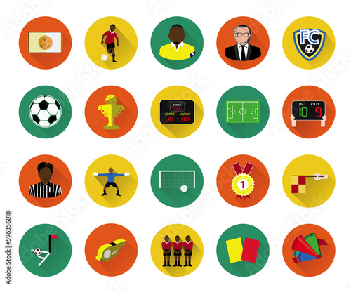 Modern flat soccer icons set with long shadow effect