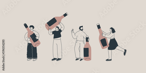 Set of illustrations of cute characters with huge bottles of wine. Men and women hold giant bottles. For the design of postcards, posters or invitations.