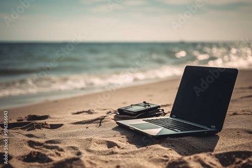 Laptop on the beach with sea at background. AI generative