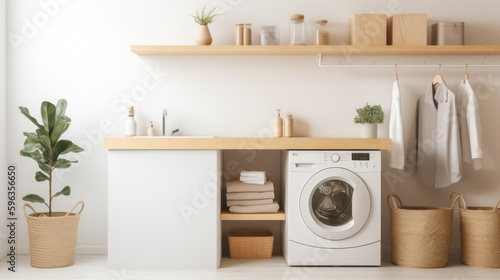 Laundry room interior with washing machine near wall. Generative AI