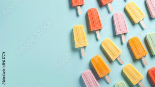 Fruit popsicle ice cream sticks on soft blue background, flat lay top view. Minimalistic summer concept. Generative AI