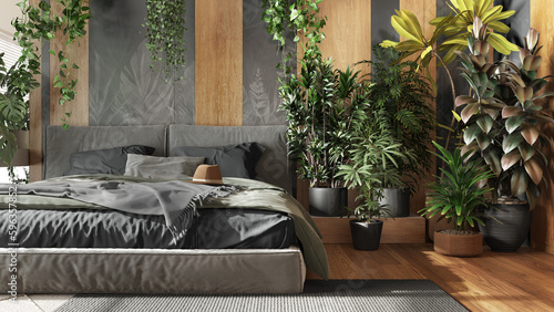 Home garden, minimal bedroom in gray and wooden tones. Close-up, bed, parquet floor and many houseplants. Urban jungle interior design. Biophilia concept
