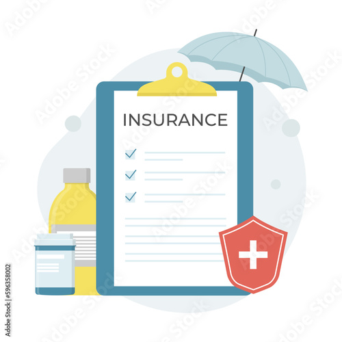Health insurance, medical insurance. Medicine and healthcare concept. Clipboard, umbrella, medicine bottles, medical check form report