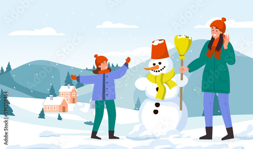 People make snowman. Mother and son spend time together. Winter activities and leisure outside. Christmas and New Year. Greeting postcard design. Cartoon flat vector illustration