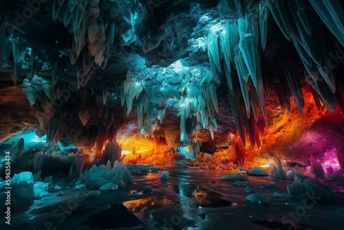 Photo in shining colorful crystal cave. AI generative © SANGHYUN