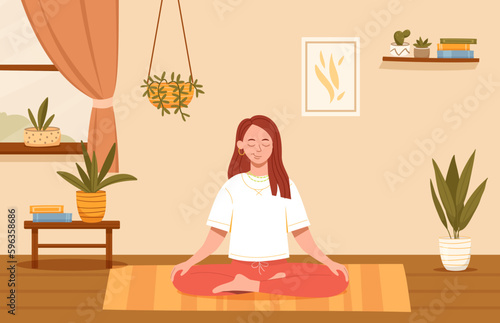 Woman meditating at home. Young girl sits in lotus position and controls breathing. Stretching and fitness, sports. Harmony and internal balance, concentration. Cartoon flat vector illustration