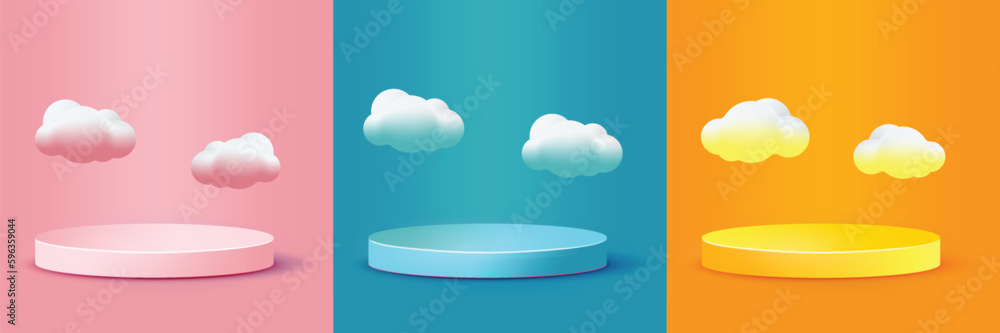 Set of abstract 3D orange, pink, blue and pink cylinder pedestal podium with circle backdrop . Modern vector rendering platform for product display presentation. with clouds - obrazy, fototapety, plakaty 