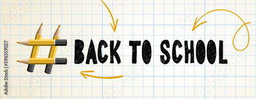 Back to school hashtag sign made of school pencils on checkered paper background, vector illustration