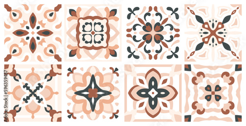 Majolica pattern. Sicily ceramic tiles, Spanish print, Portuguese border. Geometric patchwork. Vector azulejo mosaic. Artwork for floor, kitchen, bathroom background. Texture in beige, dark blue color photo