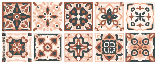 Majolica tile pattern set. Ceramic azulejo decor. Italian, Spanish art for floor, kitchen, textile. Sicily, mexican talavera, portuguese, mediterranean design of pottery ornaments. Vector illustration