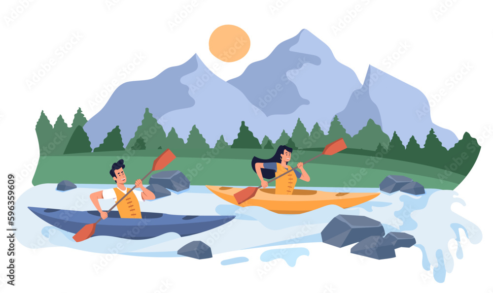 Rafting on kayaks. Man and woman resting in nature, floating down river against backdrop of forests and mountains, rocks. Active lifestyle and extreme sport. Cartoon flat vector illustration