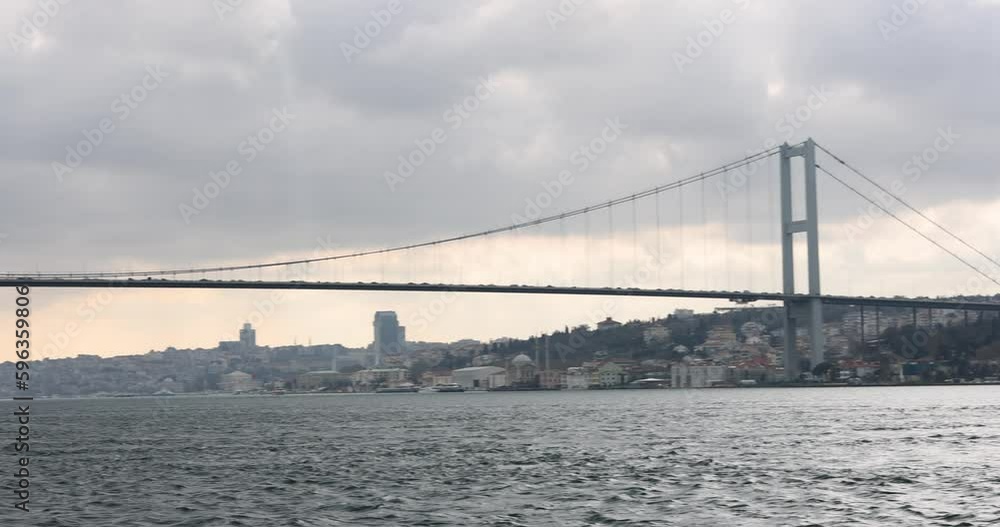 View of Bosphorus Bridge and traffic on bridge. Beautiful big bridge across the bridge View of Bosphorus Bridge and traffic on bridge. Beautiful big bridge across the bridge