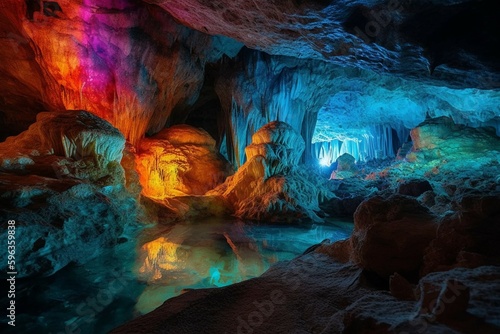 Photo in shining colorful crystal cave. AI generative
