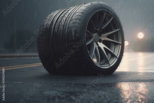 Illustration of car's back tire on a wet road while raining. Generative AI