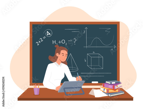 School of mathematics. Woman sits at table against background of chalkboard. Young person writes equations and draws geometric shapes. Education and training. Cartoon flat vector illustration