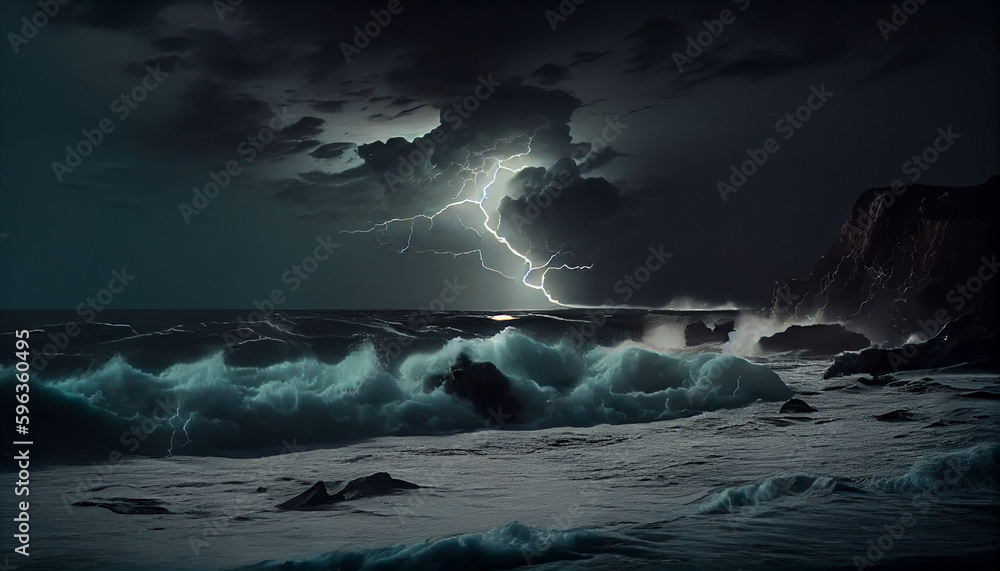 Night sea dramatic landscape with a storm. Night Sea Wave with tornado and heavy lighting. Ai generated image