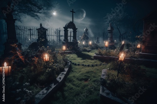 Spooky Halloween night with graveyard backdrop. Generative AI