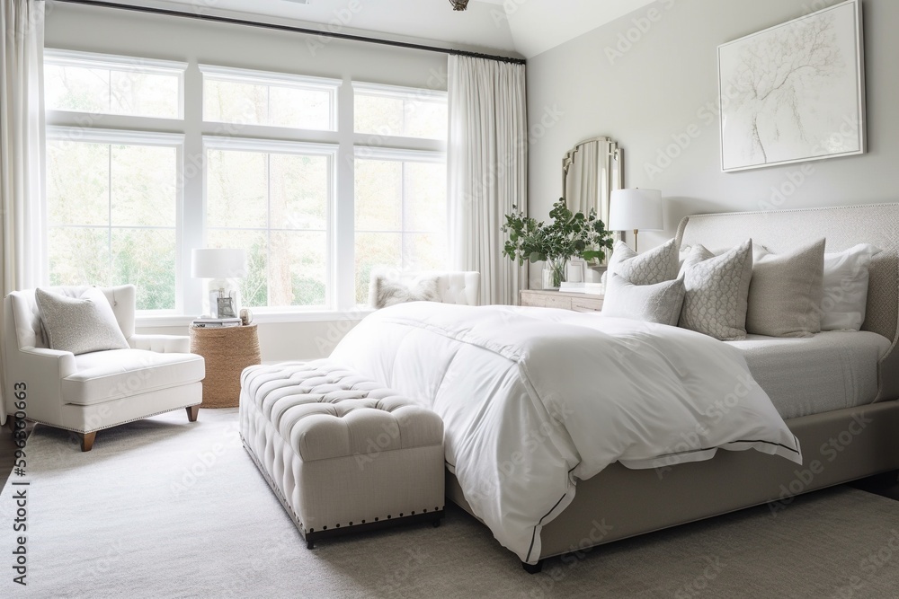 a bed with a white comforter and pillows on it in a room