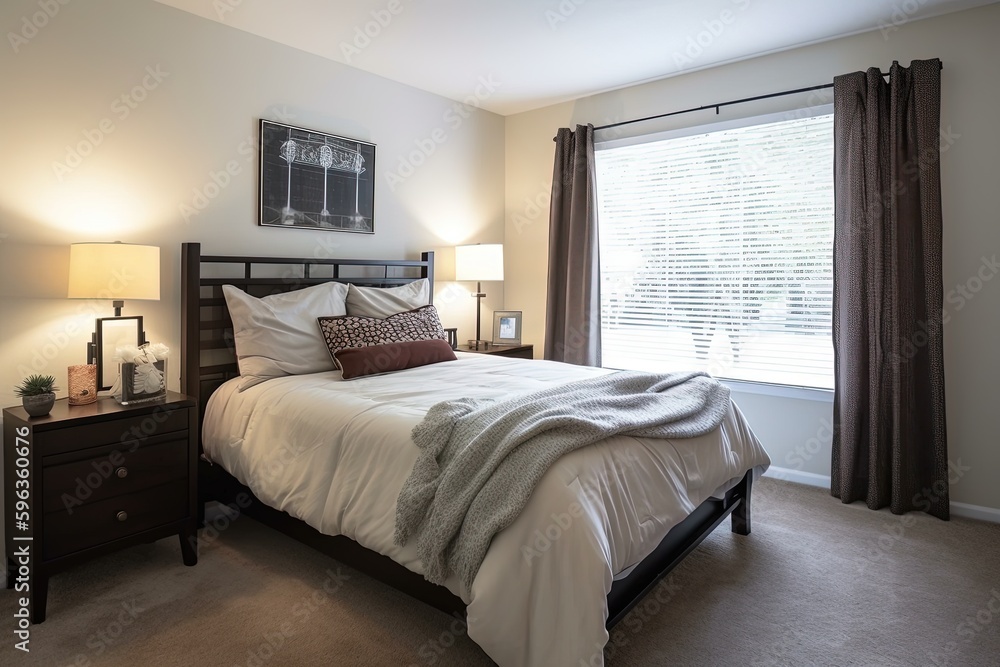 Fototapeta premium a bed with a white comforter in a room with a window