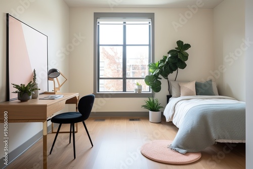 bedroom with a bed a chair a desk and a plant 