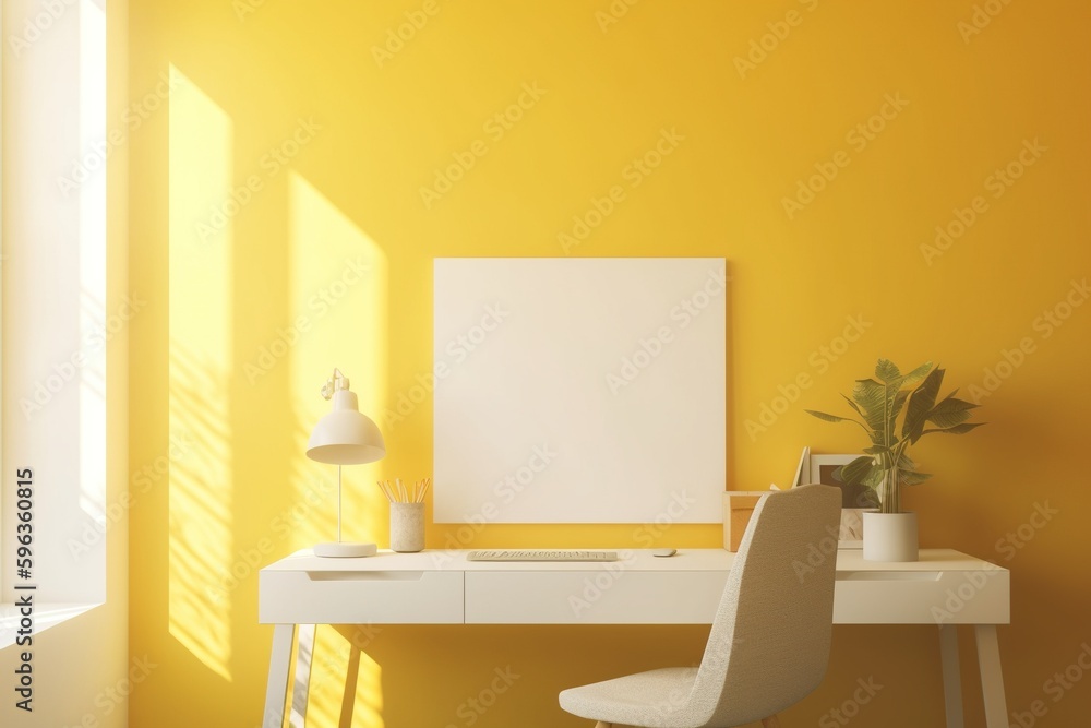 a white canvas hanging on a yellow wall in a modern workspa a white canvas hanging on a yellow wall in a modern workspa