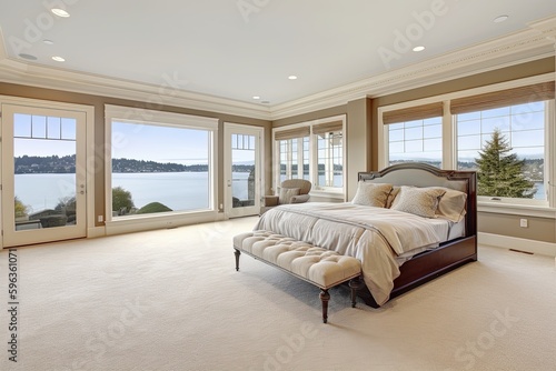 Classic luxury large bedroom with water view and carpet. © midart
