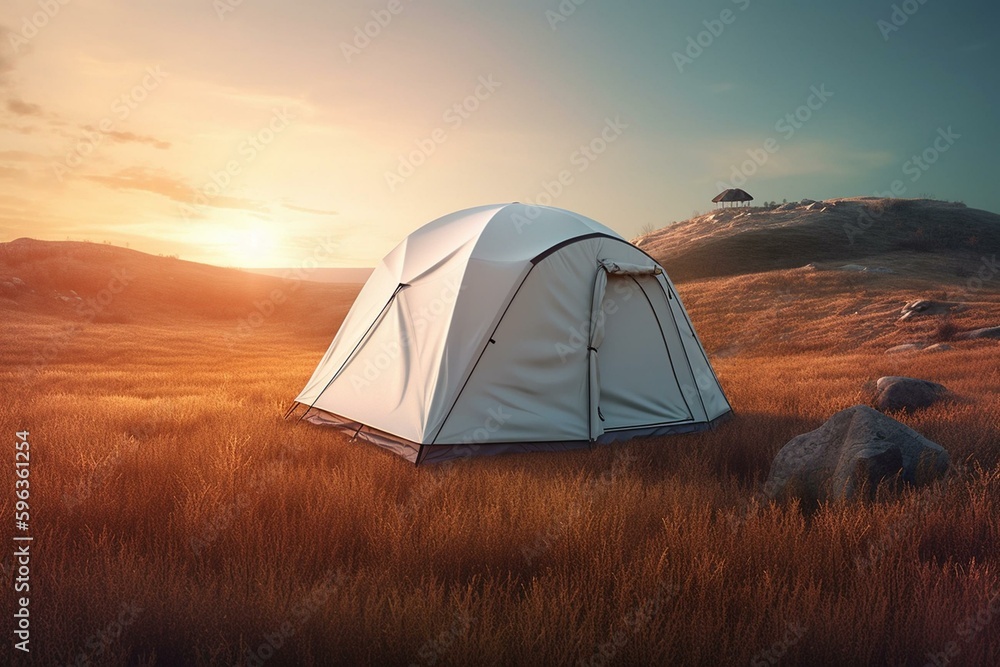 A 3D illustration of a white camping tent. Generative AI