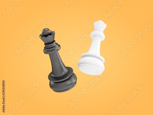 3D Rendering White and Black Queen chess pieces isolated on orange background