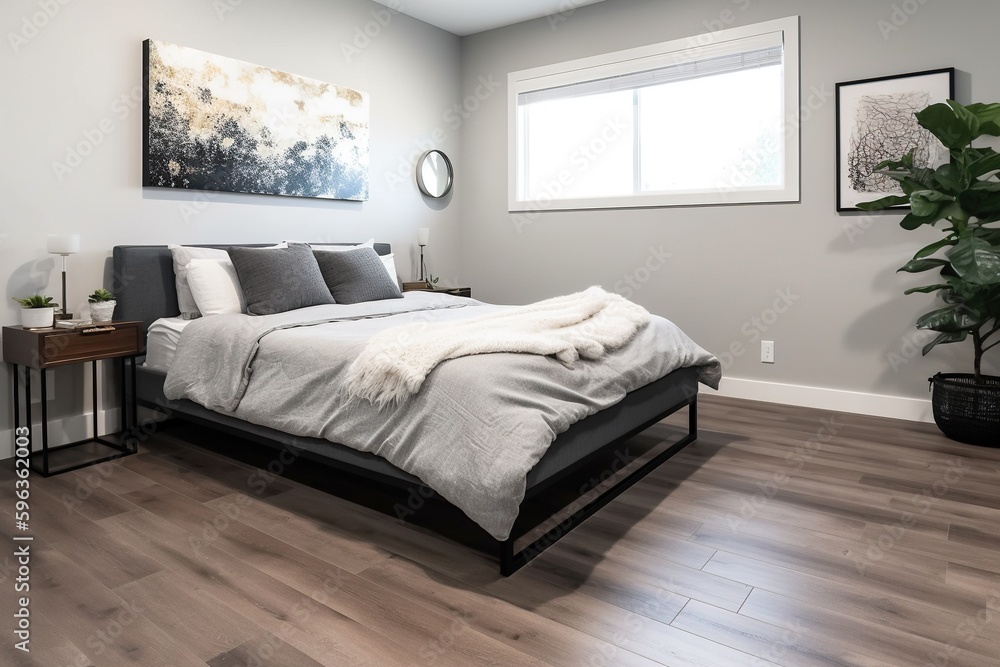 Fototapeta premium gray sleeping quarters Dark wood floor with a bed. bedroom