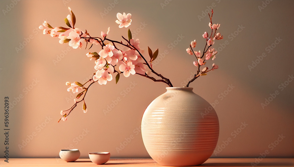 Sakura cherry blossom branch in ceramic vase on beautiful background Ai generated image Sakura cherry blossom branch in ceramic vase on beautiful background Ai generated image