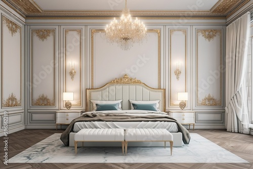 Luxury bed in a large neoclassical bedroom with decorative